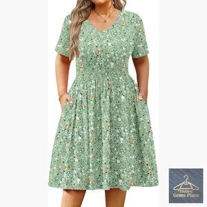 Plus Size Short Sleeve V-Neck A-Line Dress with Pockets Casual Summer